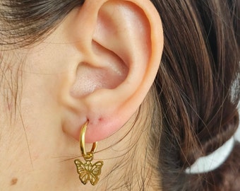 18K Gold Filled Butterfly hoop earrings, gold earrings, butterfly earrings dangle, butterfly earrings hoop, gift for her, minimalist earring