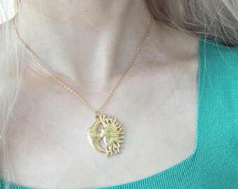Sun and Moon Necklace, Celestial Zodiac Necklace, Lucky Necklace, Sunburst Necklace, Gold Necklace, gift for her gift for mom Christmas gift