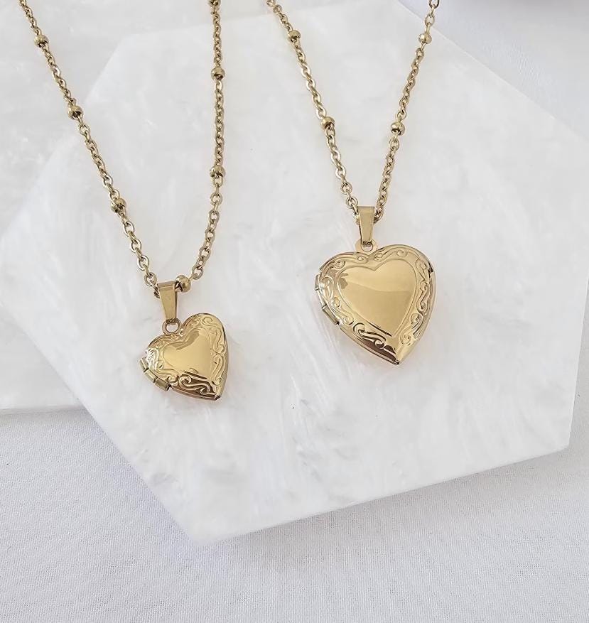 18K Gold Filled Heart Locket Necklace, Custom Engraved Necklace, Photo…