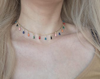 18K Gold Filled Colored teardrop Necklace, Layering Necklace, Chain Necklace, gold Chain, Summer jewelry, Beach Necklace, gift for her