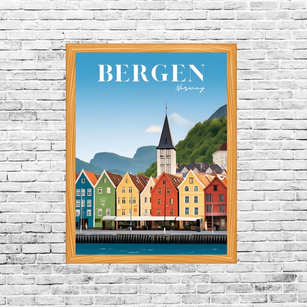 Bergen Travel Poster, Scandic Wall Art, Norway Home Decor, Digital Download Print, Printable Housewarming Gift, Birthday Present, Nordic Art