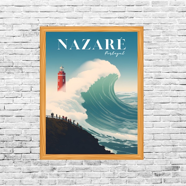 Nazare Travel Poster, Surf Wall Art, Portugal Home Decor, Digital Download Print, Printable Housewarming Gift, Birthday Present, Surfing Art