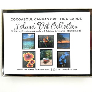 Cartes de voeux d'art des Caraïbes, paquet de 12, art tropical, cartes de voeux vierges, paysages des Caraïbes, fleurs tropicales, plages, couchers de soleil