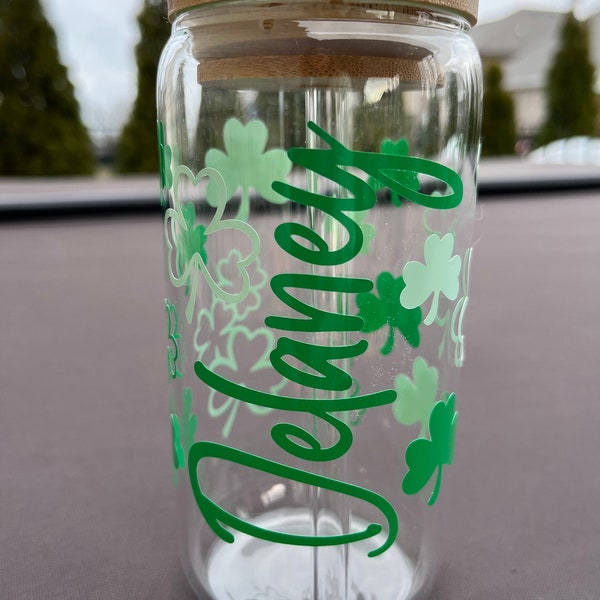 Personalized Shamrock St. Patrick's Day Irish 16oz. Glass Tumbler with Lid and Glass Straw, Iced Coffee Glass, Hostess gift, St. Pat's