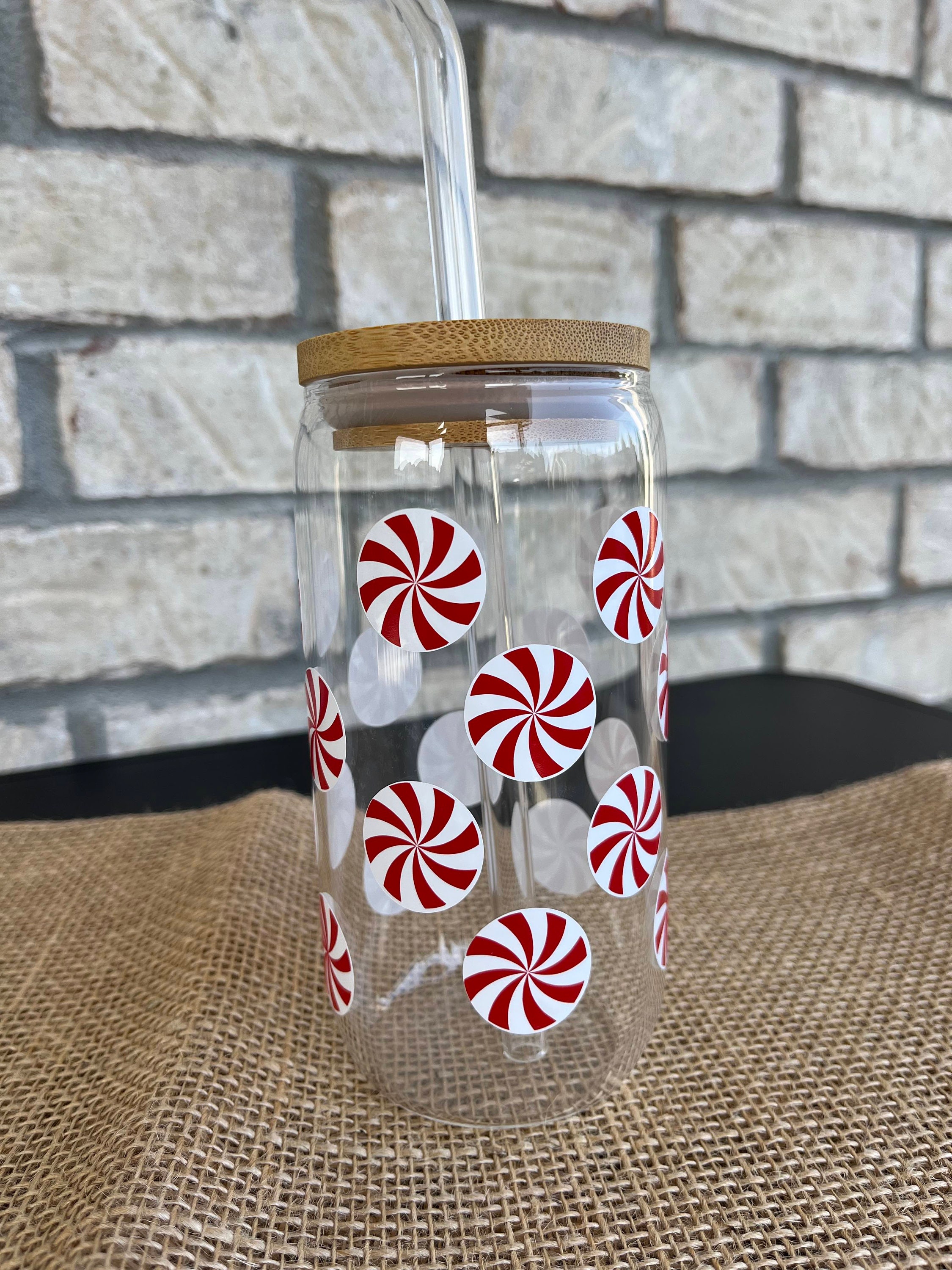 Blush Ornament Drink Cup with Straws for Christmas - 14 Ounce Vintage Style  Christmas Party Decoration Wine Globe with Peppermint Stripe, Party
