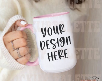 Pink handle 15oz mug mockup, boho coffee mug mockups, pink valentine mock ups, 15 oz mug mockup, rustic mug photo template, model mock ups