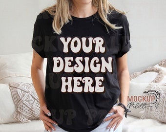 Bella Canvas 3001 Black Shirt mockup photo, model mock ups instant download, mock-up t shirt template, Trendy mockup files, Lifestyle files