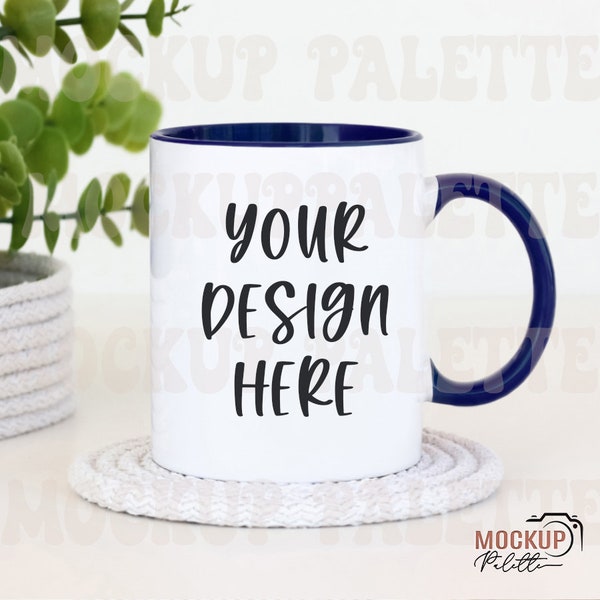 Navy blue handle Mug mockup, coffee mug mock up, boho white mug mockups, 11 oz mug mockup files, rustic mug photo template instant download