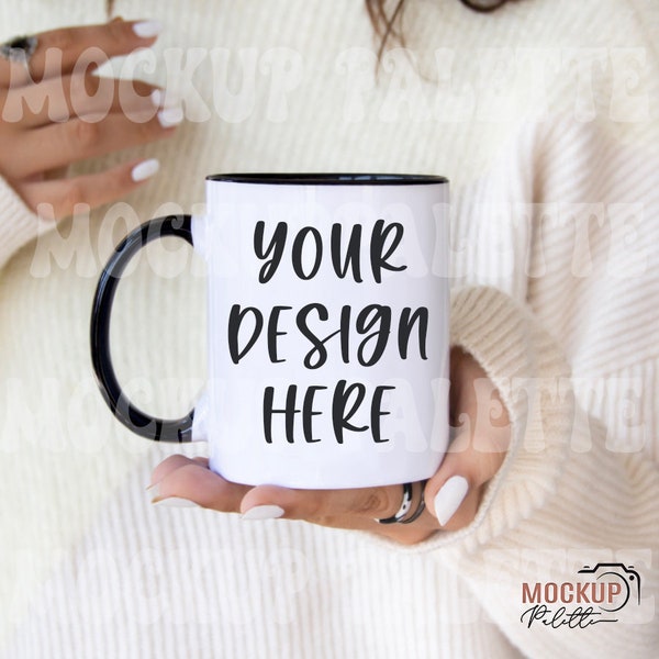 Schwarzer Griff Becher Mockup, weiße Kaffeetasse Mockup, Modell Becher Mockups, Boho 11 oz Becher Mockup, rustikale Becher Fotovorlage, sofortiger Download