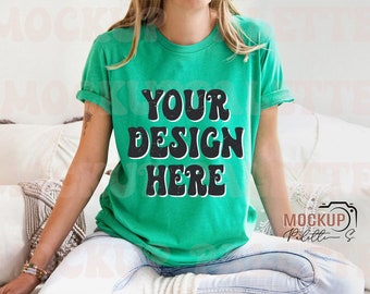 Bella Canvas 3001 Heather Kelly Shirt mockup photo, model mock ups instant download, mock-up t shirt template, boho Trendy mockup files