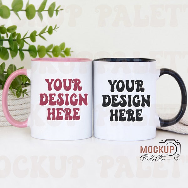 Pink Black handle mug mockups,  rustic White Mug mockup, Front back mug mockup, coffee mug mock up, two mug mockup 11 oz mug mockup download