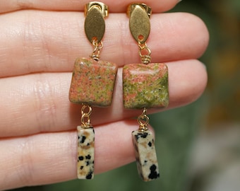 Hanging earrings ARISTA made of stainless steel and gemstones handmade gold plated