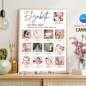First Birthday Photo Collage: Milestone Poster Template (Digital Download)
