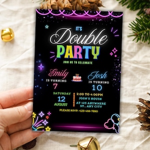 Neon Glow Sibling Birthday Invitation: Joint Kids Party (Digital Download Canva Template 5x7&quot; Portrait )