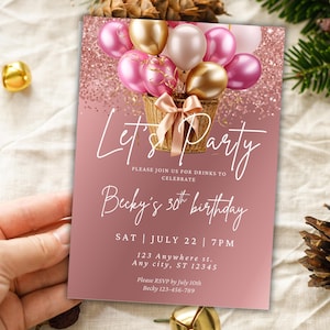 Editable Rose Gold Birthday Invitation, Golden Balloons Dinner Invitation, Adult Invite, Girls Night