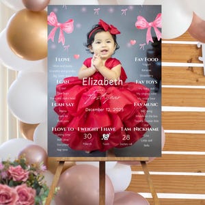 Cartello modificabile per il primo compleanno, poster per il primo compleanno con foto, bacheca per il primo compleanno con fiocco rosa, foto del primo anno per il primo compleanno