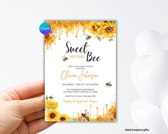 Bewerkbare Honeybee Baby Shower-bundel: uitnodiging en loterij (digitale download)