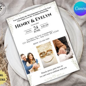 May include: A white wedding invitation with gold floral accents. The invitation features the couple's names, Henry & Evelyn, the date, June 24th, and the time, 8:00 AM. The invitation also includes the location of the ceremony, 123 Anywhere St., Any City, ST 12345, and the RSVP number, 123-456-7890. The invitation is decorated with two photos of the couple, one of them holding hands and the other showing their wedding rings.