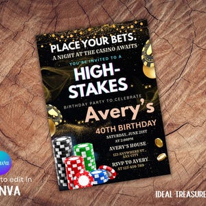 Birthday Invitation Editable Casino Night: Poker Party 21st 30th 40th 50th Vegas Birthday Invite