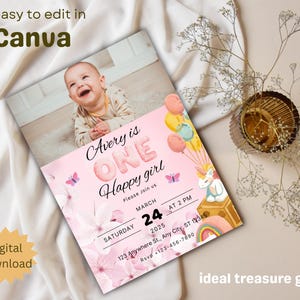 Floral 1. Geburtstag Einladung Vorlage: Bearbeitbares Mädchen Party Dekor (Digitaler Download)