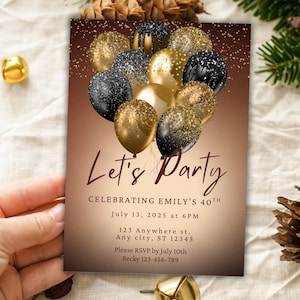 Birthday Invitation Editable Black & Gold Let's Party Adult Birthday Invite, Girls Night Dinner, Golden Balloons Celebration Card