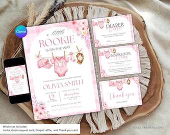 Editable Baseball Baby Shower Invitation Set | Little Rookie On The Way | Sports Baby Shower | It’s a Girl Baby Shower Bundle