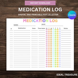 Printable Medication Log: Daily Tracker, Health Chart (PDF Download, US Letter Size)