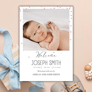 Birth Announcement, Photo Baby Announcement Card, Welcome Newborn Minimalist Editable Template, Instant Download