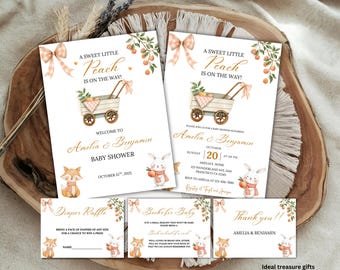 Peach Baby Shower Invitation Bundle: Girl Fall Theme (Digital Download Canva Template)