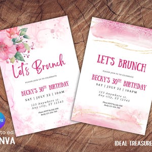 Editable Let&#39;s Brunch Invitation: Pink Floral Birthday Dinner (Digital Download)