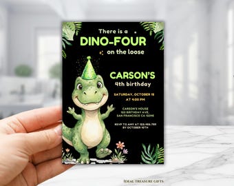 Dinosaur Birthday Invitation, Editable 4th Birthday Dino Party Invite, T-Rex Dinosaur Party Invite, Free Thank You Favor Tag