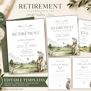 Puede incluir: Un conjunto de cinco plantillas editables para una celebración de jubilación con ilustraciones de golf. El set incluye una invitación, un cartel de bienvenida, una etiqueta de agradecimiento, una tarjeta de recuerdos y una tarjeta de consejos.