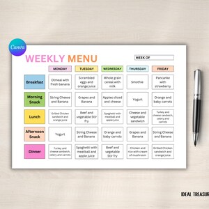 Menu hebdomadaire de la garderie imprimable : modèle de planificateur de repas modifiable sur toile (téléchargement PDF A4)