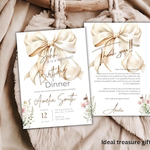 Surprise Birthday Dinner Invitation: White Bow, Editable Canva Template (Digital Download)