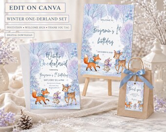 Winter ONEderland Invitation, Polar Bear Arctic Animals Birthday Invite, Woodland Forest Winter First Birthday Template