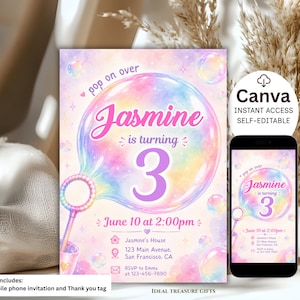 Op de afbeelding: Een verjaardagsuitnodiging met een bubbelthema. De uitnodiging bevat de naam "Jasmine" en het nummer "3" in een bubbelontwerp. De uitnodiging bevat ook de datum en tijd van het feest en het adres.