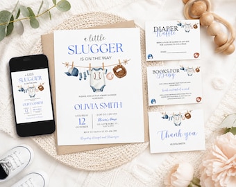 Editable Baseball Baby Shower Invitation Set | Little Slugger On The Way | Sports Baby Shower | It’s a Boy Baby Shower Bundle