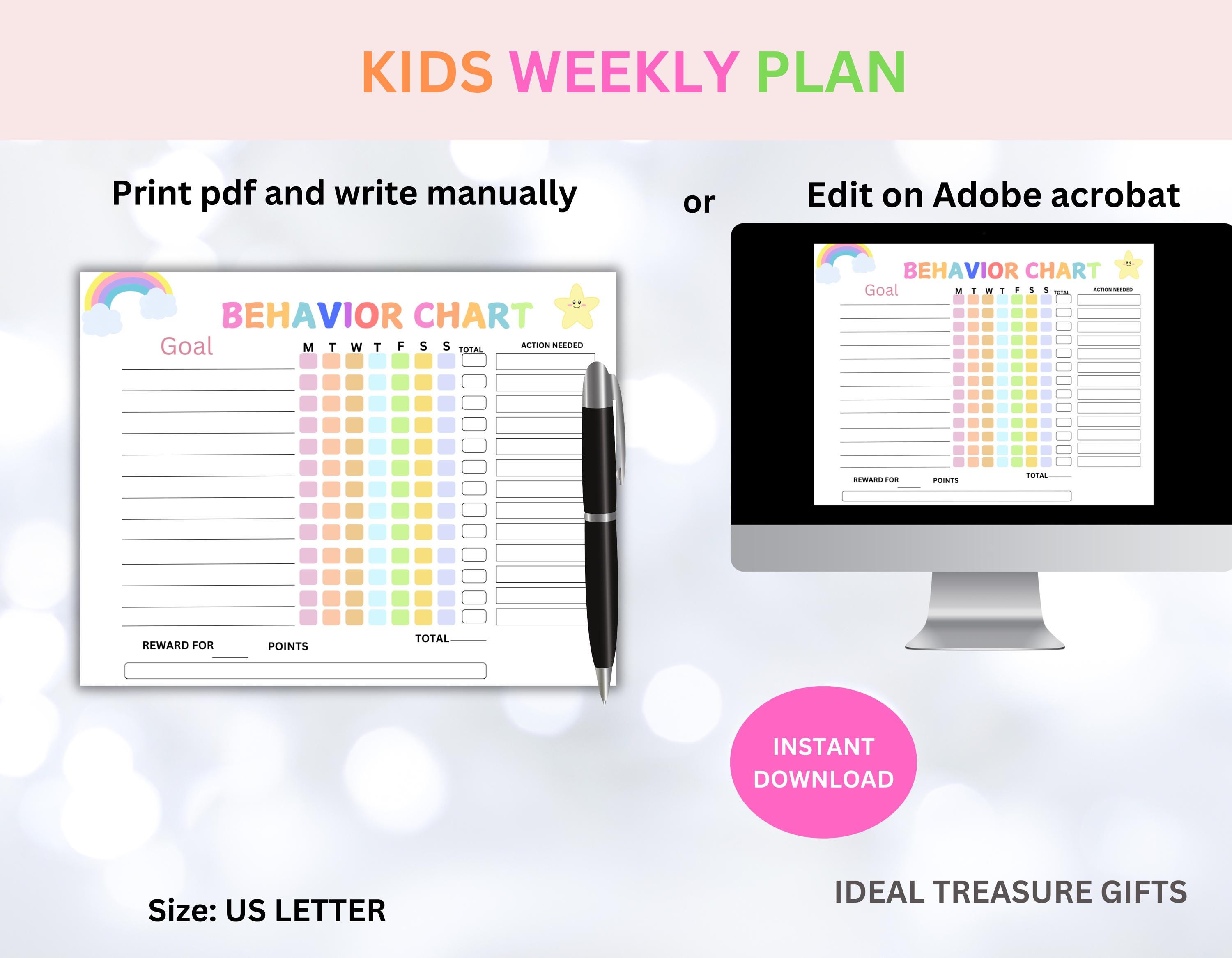 Editable Kids Behavior Chart: Weekly Chore List, US Letter (PDF ...
