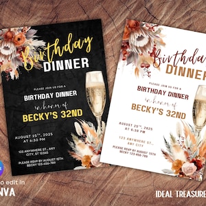 Floral Birthday Dinner Invitation: Editable Digital Evite (5x7 inch Canva Template)