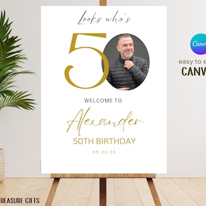 EDITABLE 50th Birthday Welcome Sign, Modern 50th Welcome Sign, Birthday Black and Gold Welcome Template, Photo Welcome Sign
