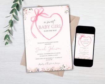 Editable Elegant Watercolor Coquette Bow Invitation | Pink Girl Baby Shower Invite | Printable Baby Shower Template | Instant Download