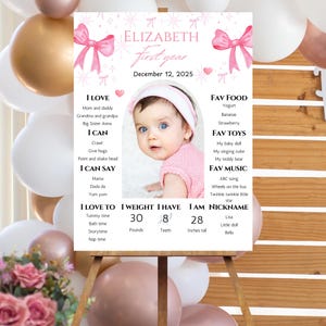 Cartello traguardo compleanno fiocco rosa, poster traguardo con foto, cartello traguardo primo compleanno fiocco rosa, traguardo foto primo anno bambino