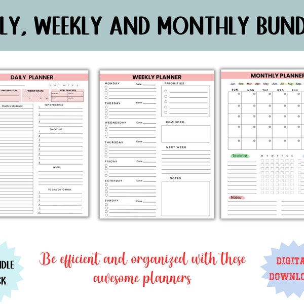 Daily, Weekly and Monthly Planner Printable PACK, Work From Home Planner, Productivity Planner, Personal Daily Planner, PDF Instant Download