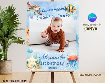 Under the Sea Birthday Welcome Sign: Editable Ocean Party Decor (18x24 inch Canva Template)
