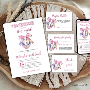 Football Baby Shower Invitation Bundle, Touchdown It&#39;s a Girl! Sports Theme Invite, Editable Baby Shower Canva Template, Digital Download