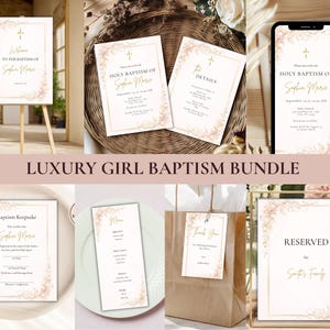 May include: A collection of baptism stationery with floral accents. Includes invitations, a welcome sign, a menu, a thank you tag, and a reserved sign. The text includes "Luxury Girl Baptism Bundle". The color scheme is soft pink and gold.