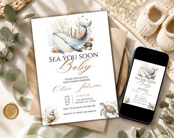 Unter dem Meer-Babyparty-Einladungspaket: Bearbeitbare Canva-Vorlage (Digitaler Download)