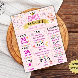 First Birthday Milestone Girl Poster, Editable First birthday Sign Template, One year Photo Baby milestone, Printable party Decor