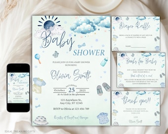 Edytowalny zestaw zaproszeń na baby shower dla chłopców | Szablon na baby shower dla chłopców | Minimalistyczne zaproszenie na baby shower w niebieską kratkę | Zestaw na baby shower dla chłopców