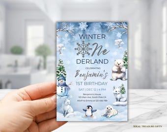 Winter Onederland Invitation, Polar Bear Arctic Animals Woodland Forest